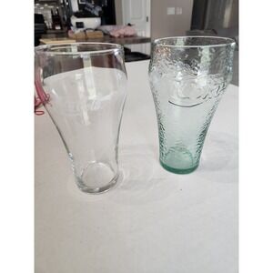 Coca-Cola Glasses (2) White Logo Green‎ Tint Textured Collectible Drinkware